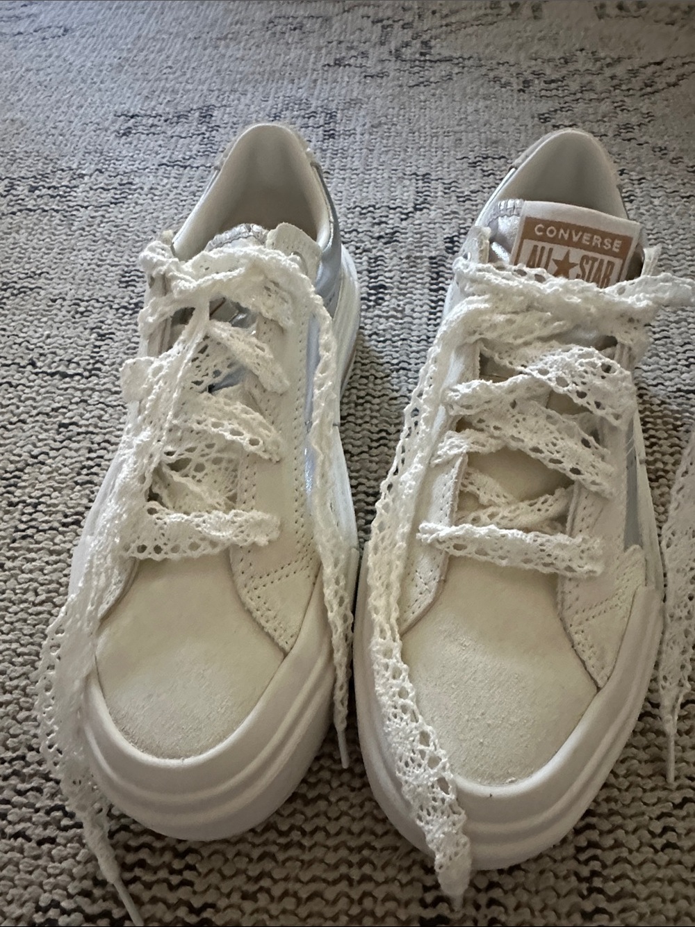 Custom Silver Platform Converse White Lace-Up Sneakers with Crochet Laces size 9